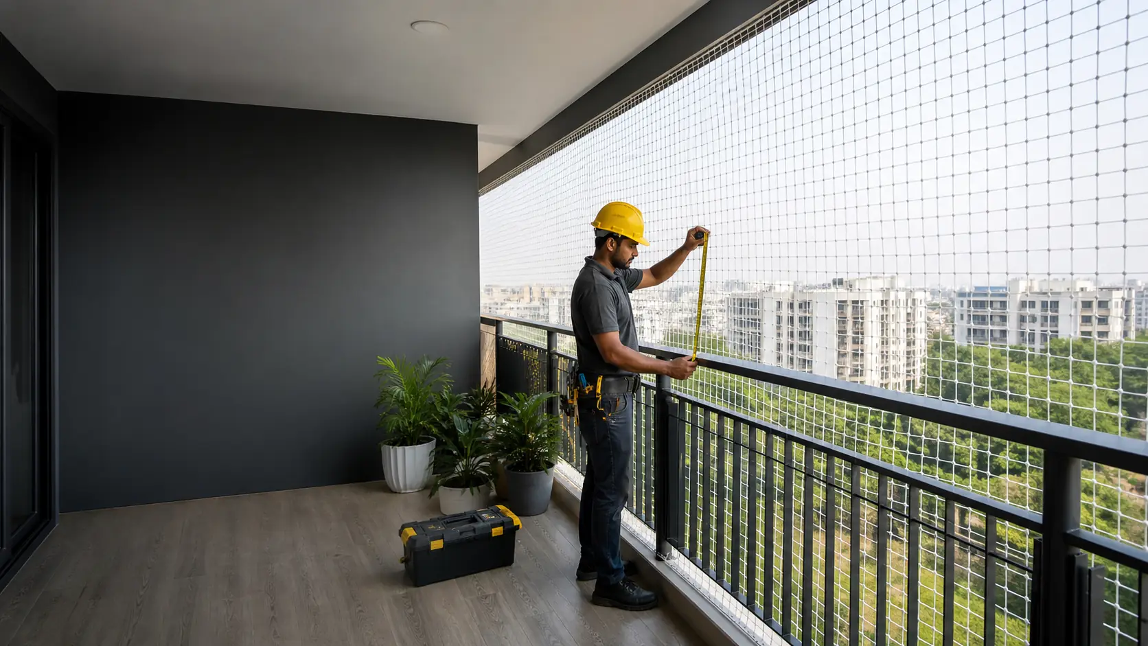 Safety netting fitted across a full apartment elevation in Vijayawada
