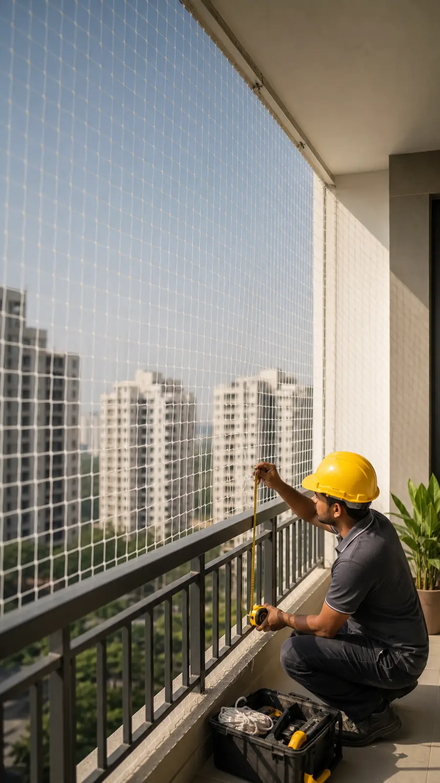 Installer fitting safety netting along an apartment balcony railing