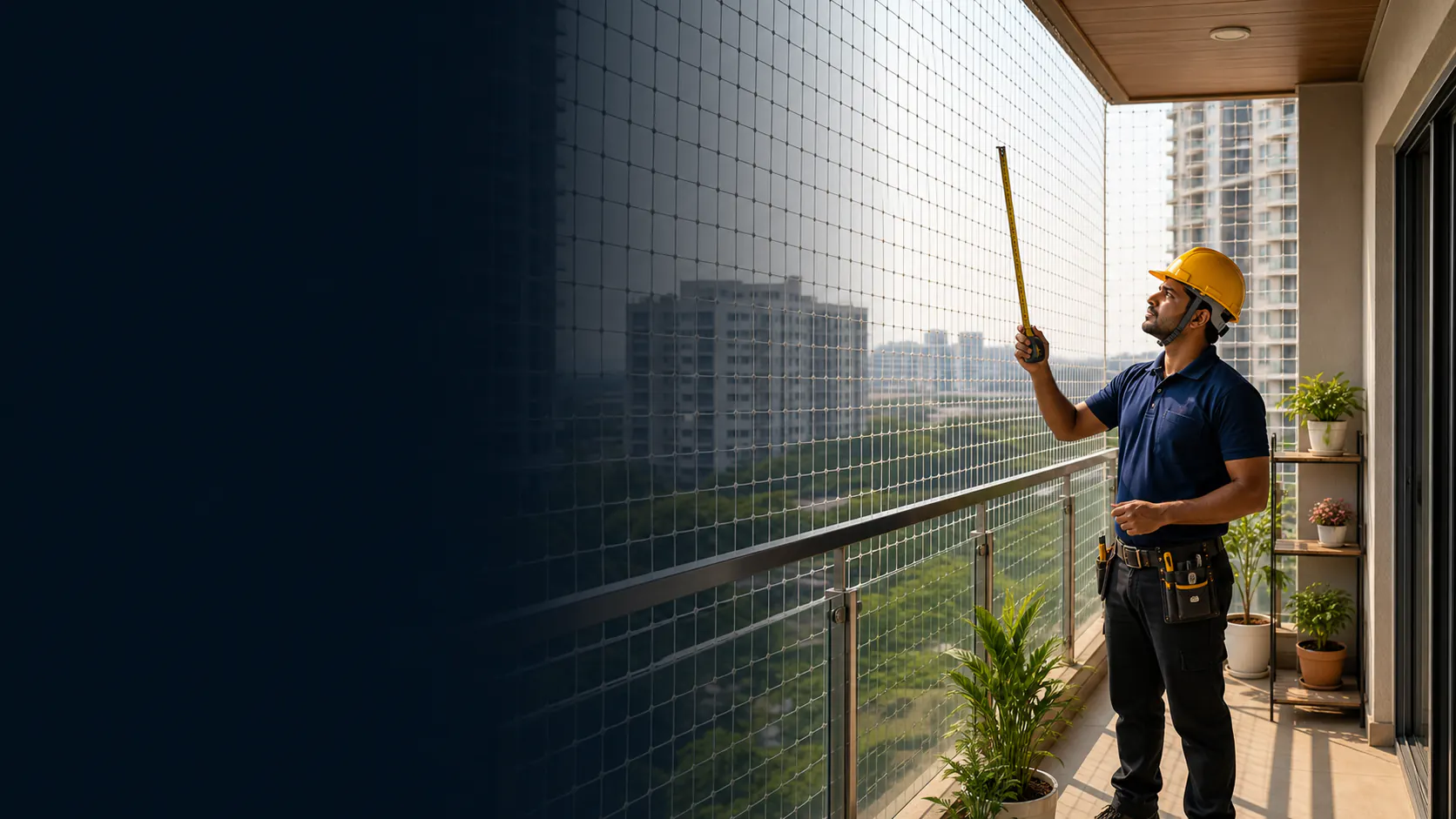Installer working at height on a glazed elevation with a fixing pole