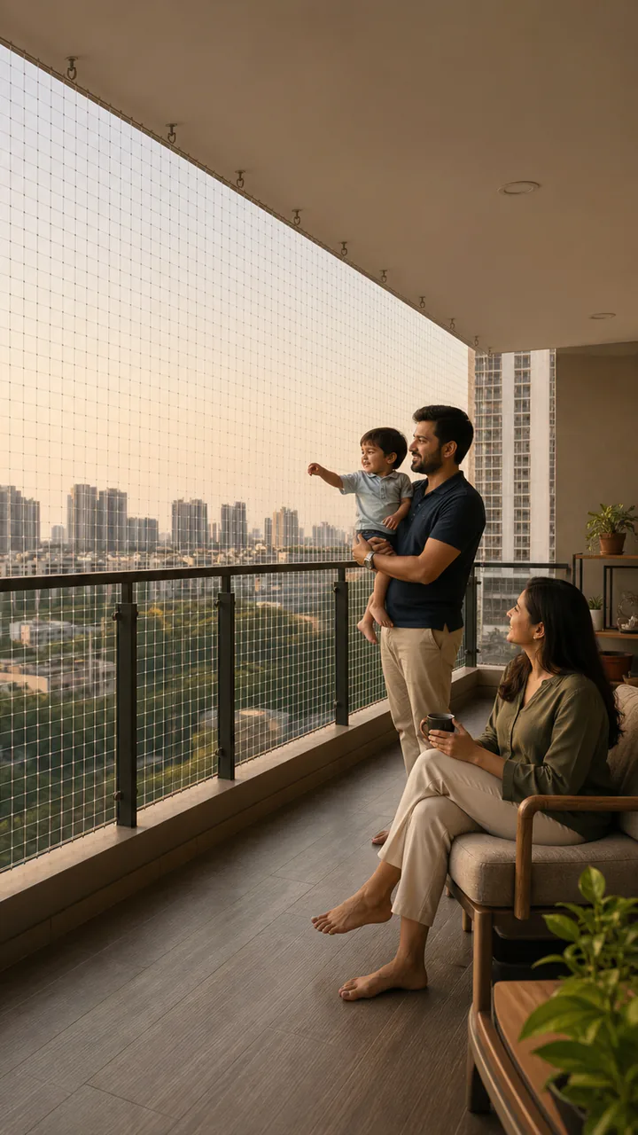 Family sitting on a netted balcony at dusk, view unobstructed through the mesh