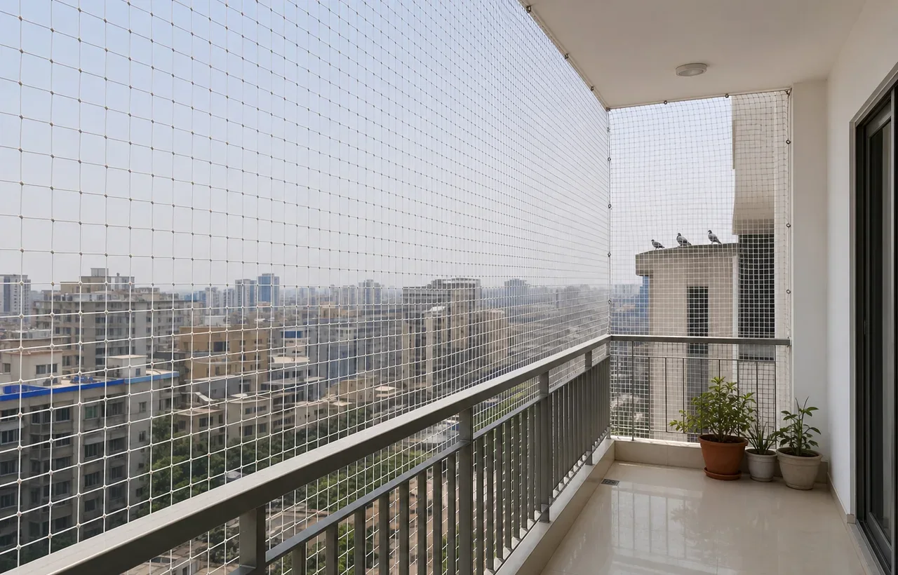 Balcony net with planting, apartment towers visible through the mesh