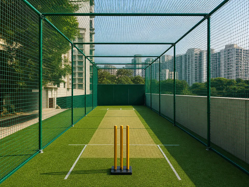 Cricket practice cage with full-height side and roof netting