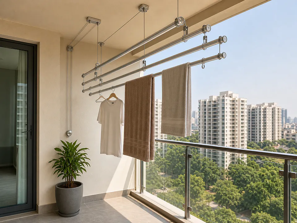Pull & Dry Ceiling Cloth Hangers — Ceiling-mounted drying rails that pull down to load and lift clear of the balcony.