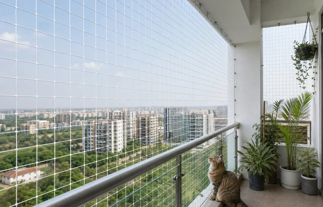 Pet Safety Invisible Grills — Stop cats and small dogs slipping through balcony railings, with the view left intact.